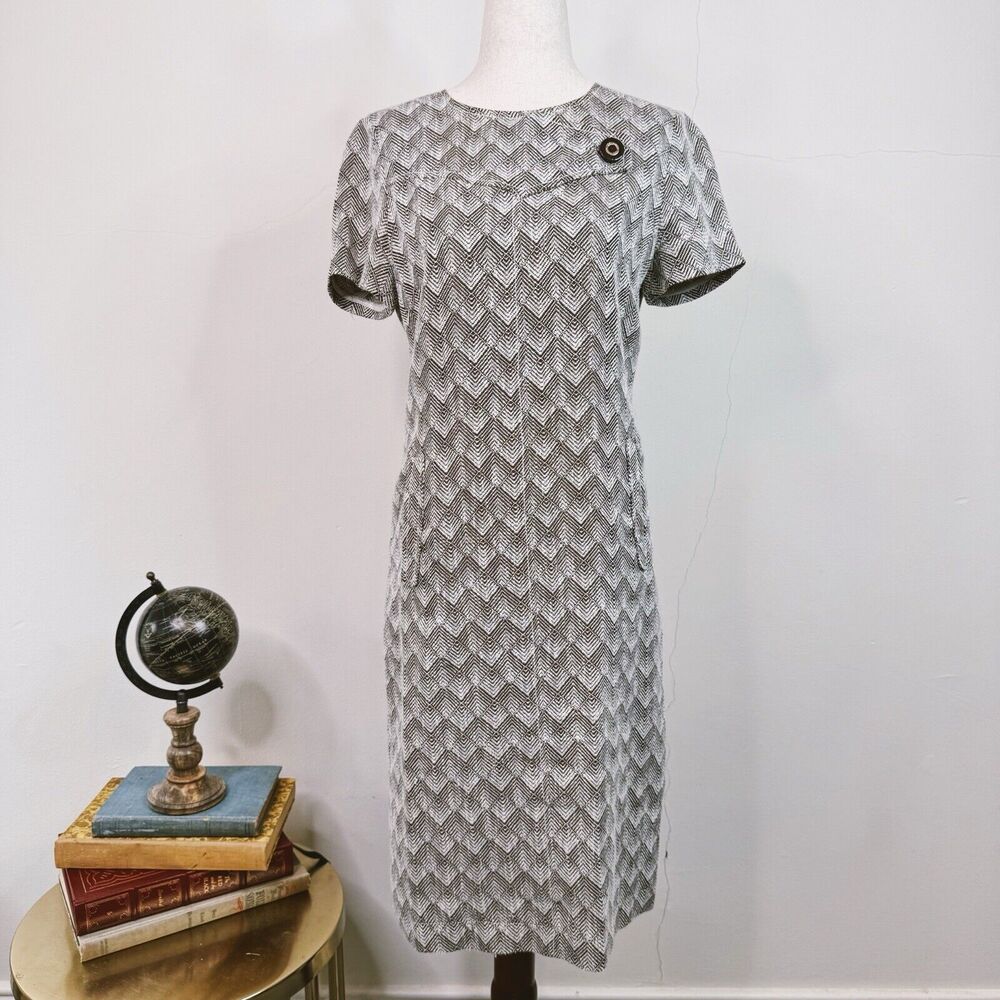 Tory Burch Tweed Shift Dress Geometric Wool Retro Office Size 6 Short Sleeve